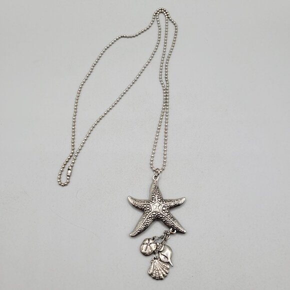 Starfish Pendant Necklace Dangling Seashell Charms Ball Chain Silver Tone - Picture 1 of 4